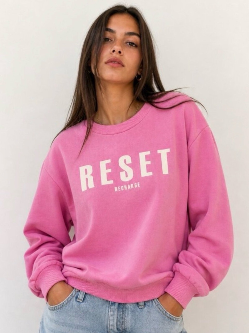 Reset Recharge Graphic Pink Sweatshirt By Kaffe Size Large Cotton Blend Crewneck